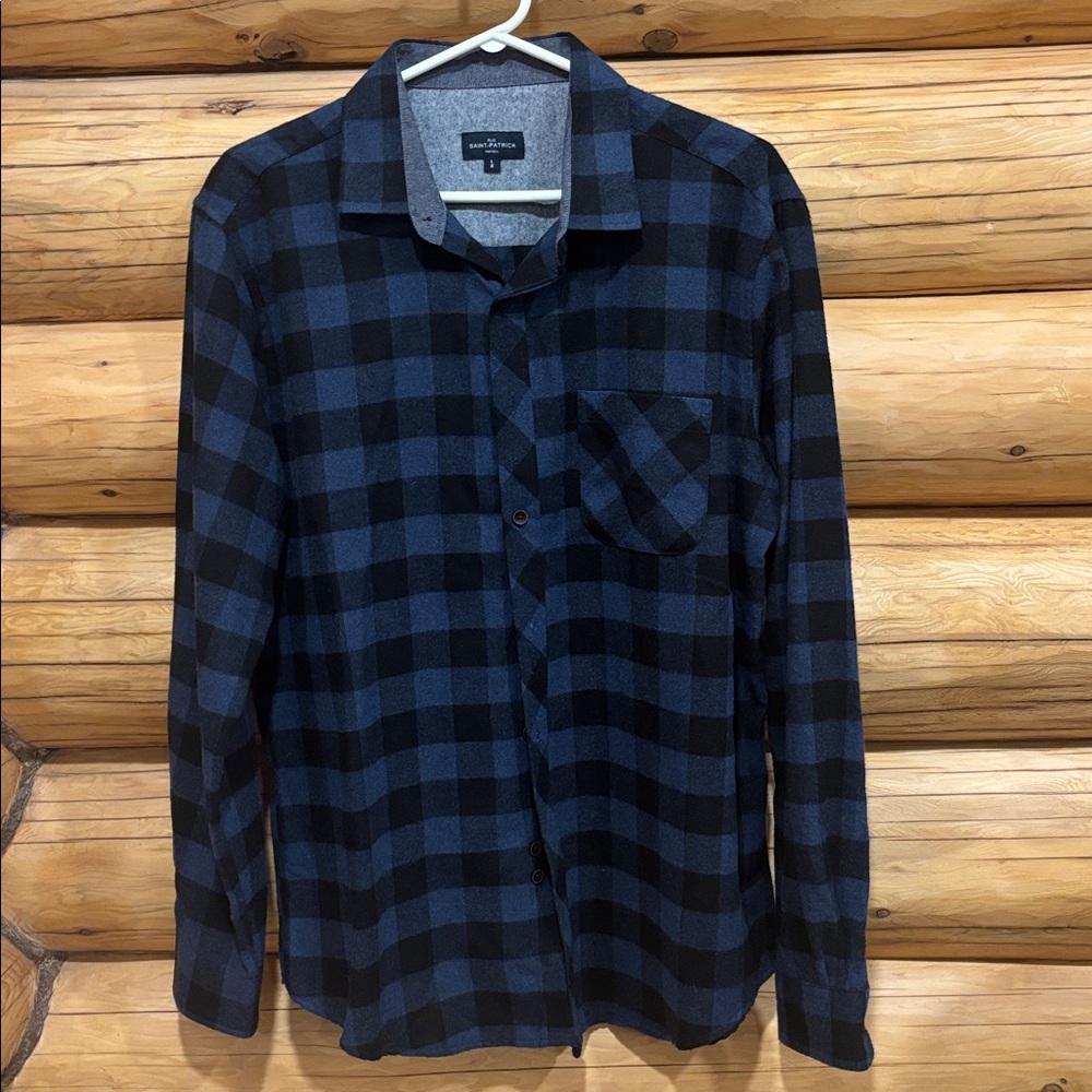 RUE Saint Patrick Blue and Black Plaid Button-Up Shirt